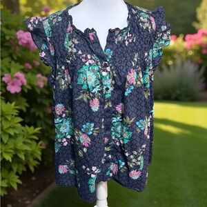 Lane Bryant Dark Blue Floral Ruffle Blouse